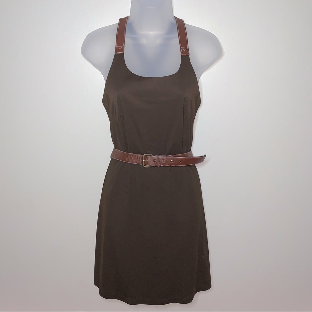 NWOT Michael by Michael Kors Mahogany Brown Leather Strap Belted Dress - Sz. 2P